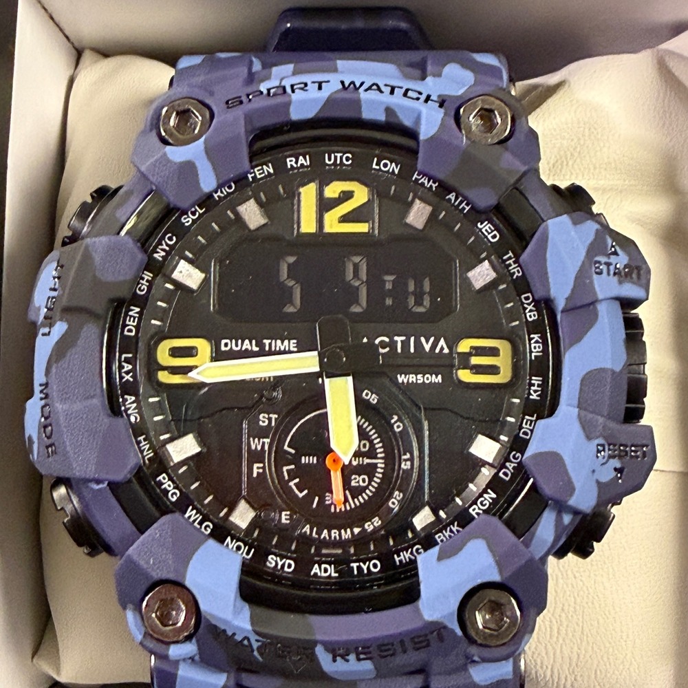 Activa Mens Sport Watch Blue Camo Dual Time Analog Digital 50M Water Resist New - Picture 2 of 8
